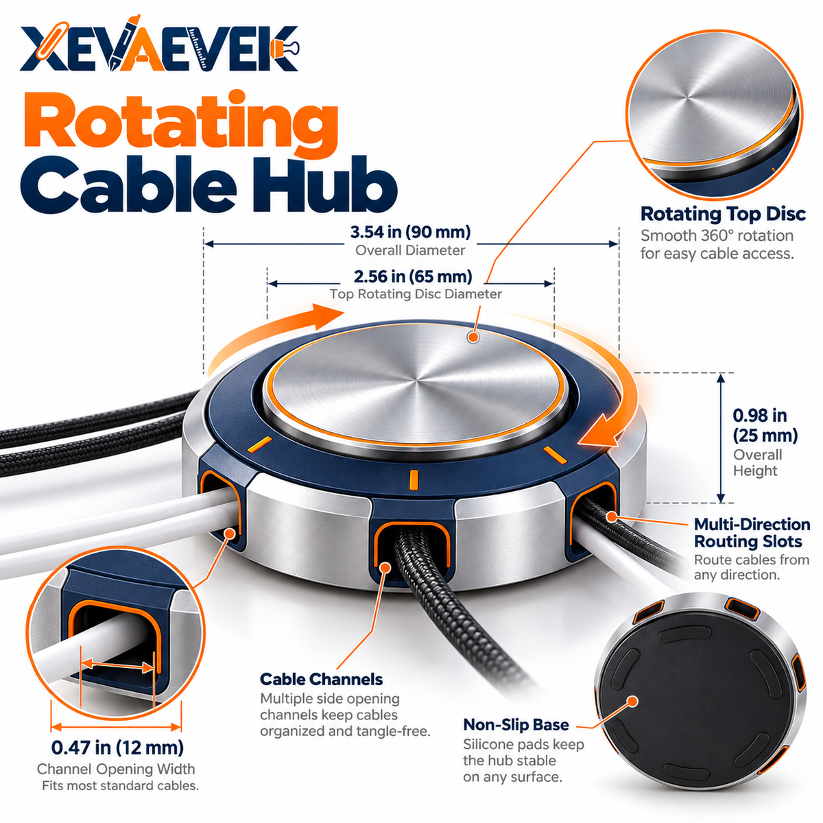 XEVAEVEK Rotating Cable Hub – 360° Desktop Cable Organizer, Multi-Cord Management Holder for Charging Cables, USB-C, Office Desk & Home Workstation