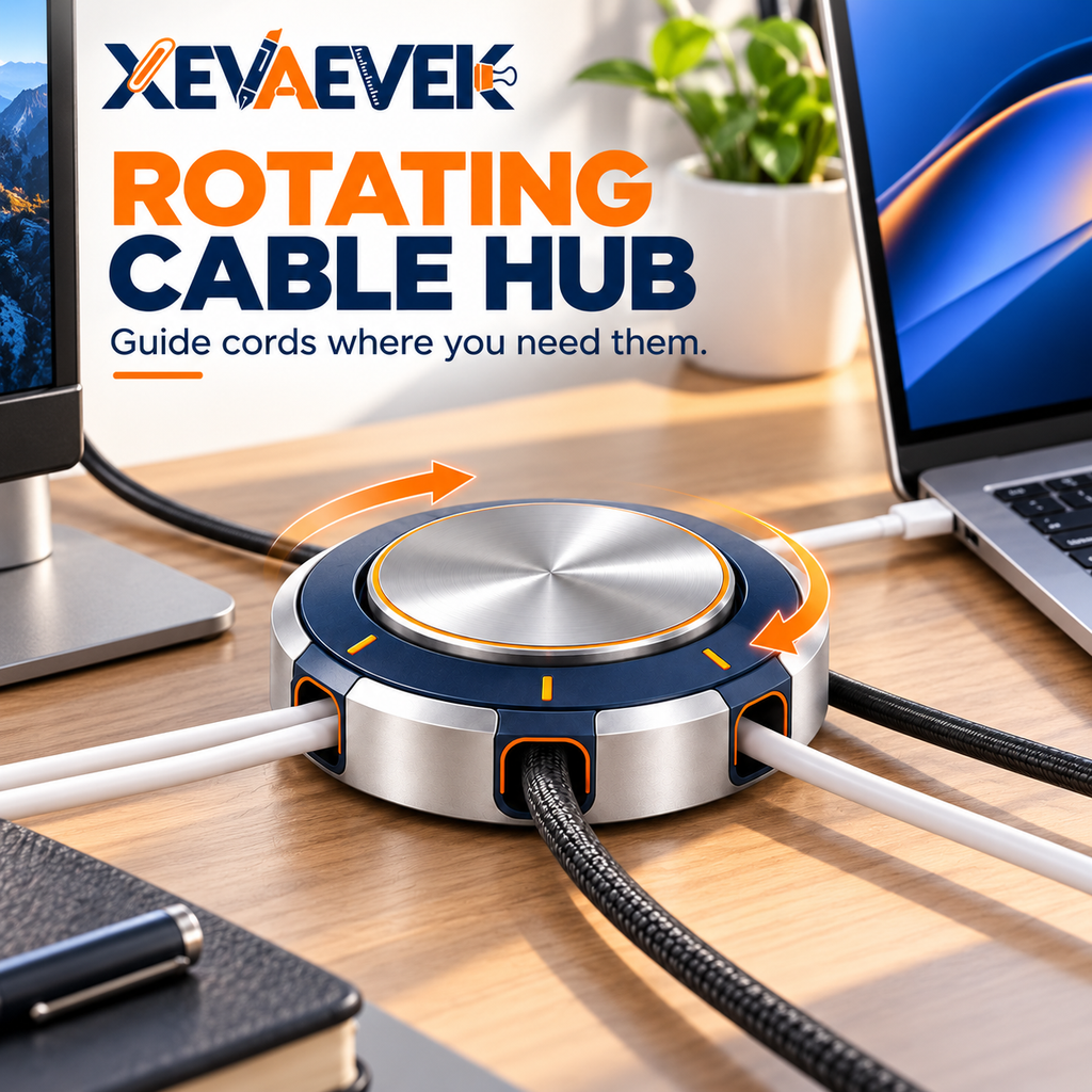 XEVAEVEK Rotating Cable Hub – 360° Desktop Cable Organizer, Multi-Cord Management Holder for Charging Cables, USB-C, Office Desk & Home Workstation