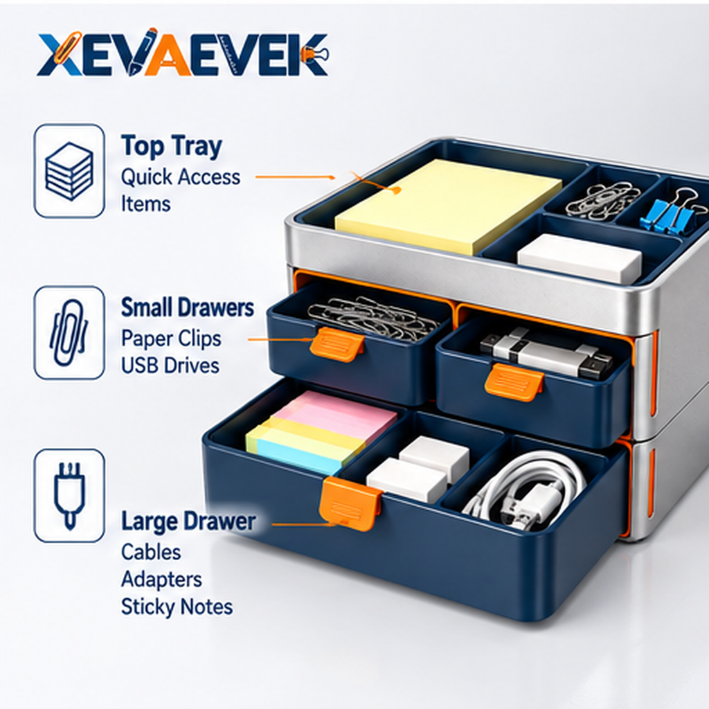 XEVAEVEK Modular Desktop Storage Box – Multi-Drawer Desk Organizer, Small Office Supply Storage with Compartments for Sticky Notes, Clips, USB Drives, Cables & Accessories