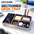 XEVAEVEK Sectioned Desk Tray – Multi-Compartment Desktop Organizer & Office Valet Tray for Phone, Sticky Notes, Business Cards, Pens, Paper Clips, Keys and Small Accessories
