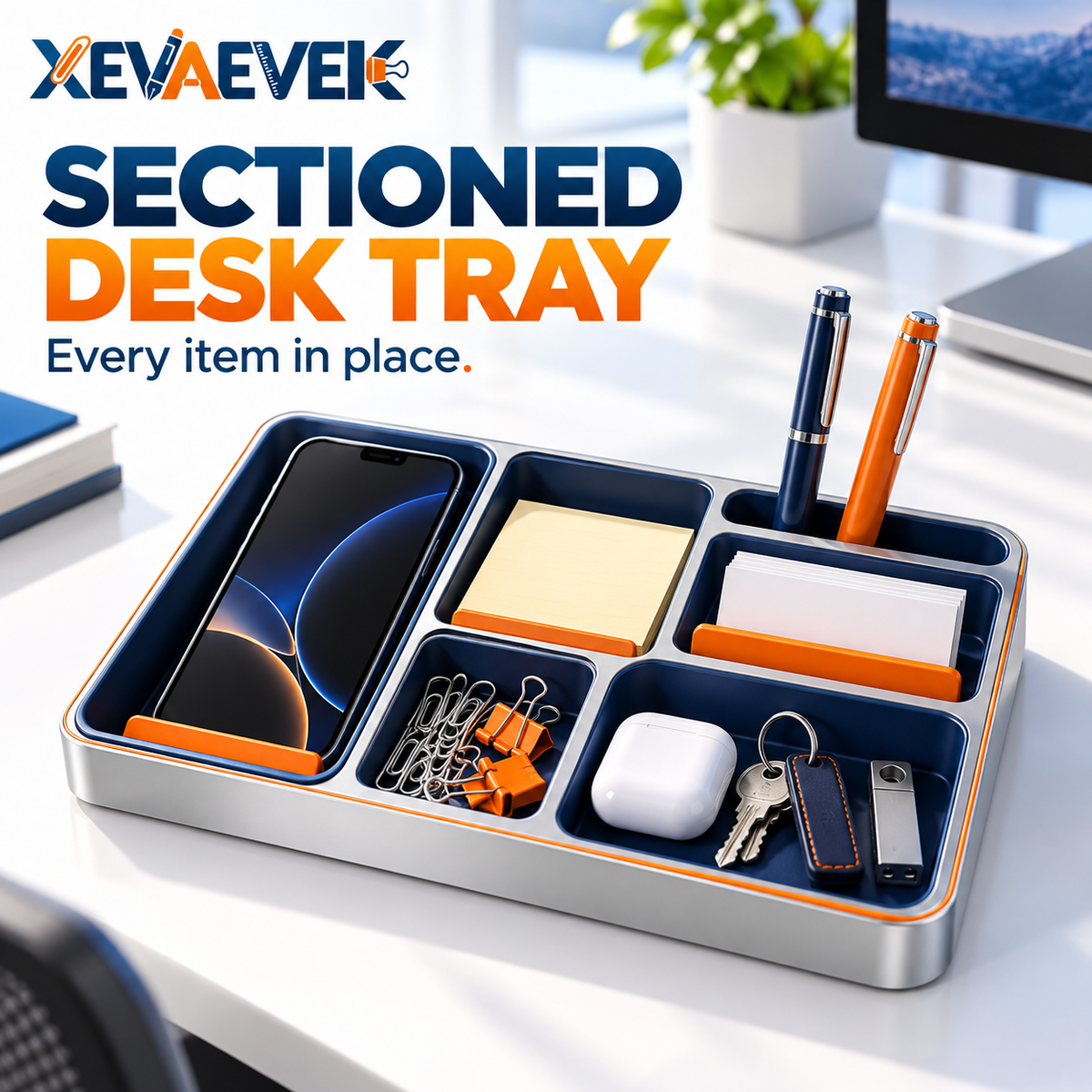 XEVAEVEK Sectioned Desk Tray – Multi-Compartment Desktop Organizer & Office Valet Tray for Phone, Sticky Notes, Business Cards, Pens, Paper Clips, Keys and Small Accessories
