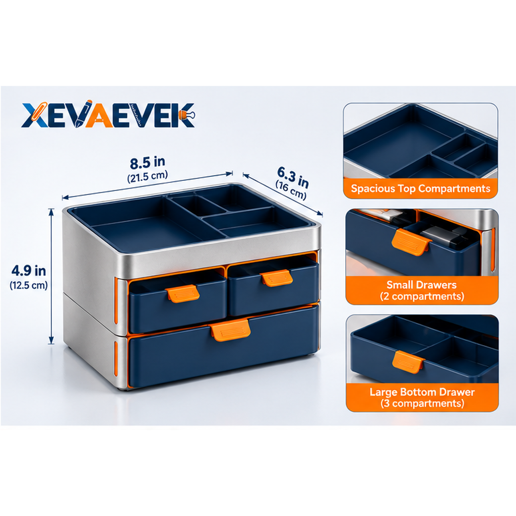 XEVAEVEK Modular Desktop Storage Box – Multi-Drawer Desk Organizer, Small Office Supply Storage with Compartments for Sticky Notes, Clips, USB Drives, Cables & Accessories