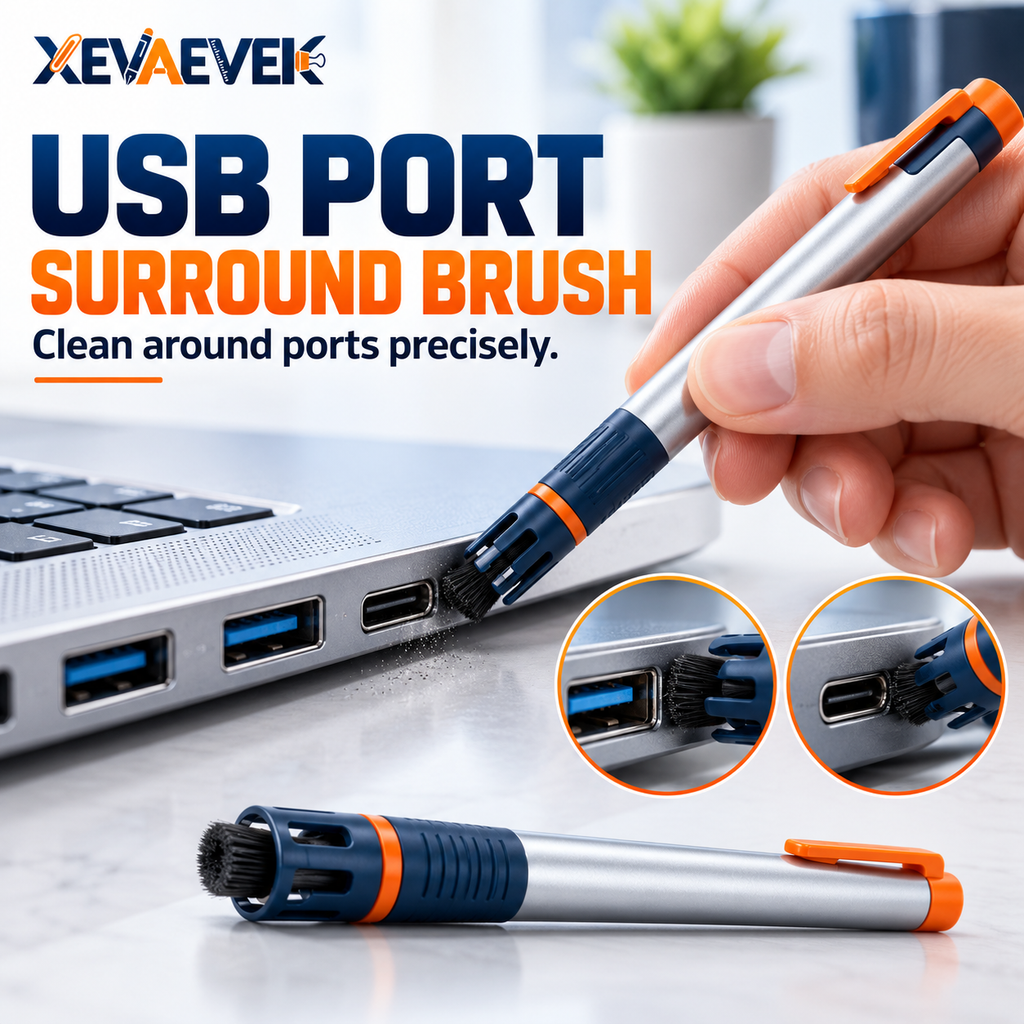 XEVAEVEK USB Port Surround Brush – Precision USB-C Port Exterior Cleaning Brush, Laptop Connector Edge Dust Brush & Electronics Detail Cleaner for Dock, Hub and Office Desk