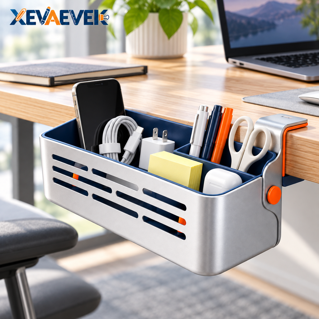 XEVAEVEK Desk Edge Basket – Clamp-On Hanging Desk Organizer, Side Storage Caddy for Notebooks, Sticky Notes, Phone, Pens & Office Supplies