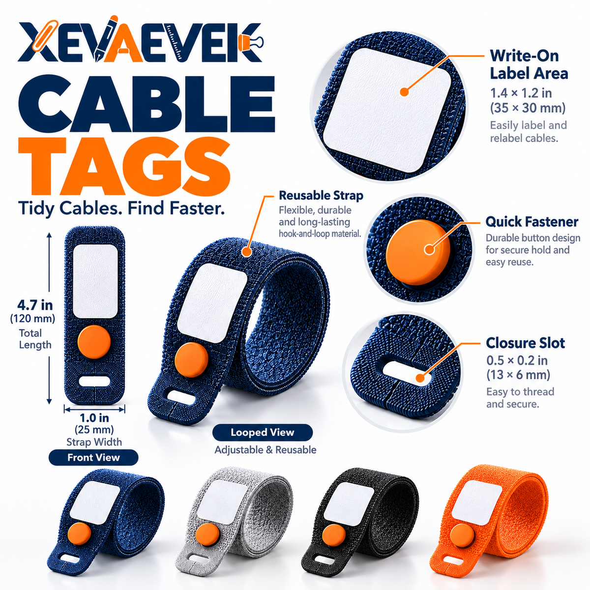 XEVAEVEK Cable Tags – Reusable Write-On Cord Labels, Adjustable Cable Ties & Cable Identifier Straps for Chargers, Office Desk, Home Office and Travel