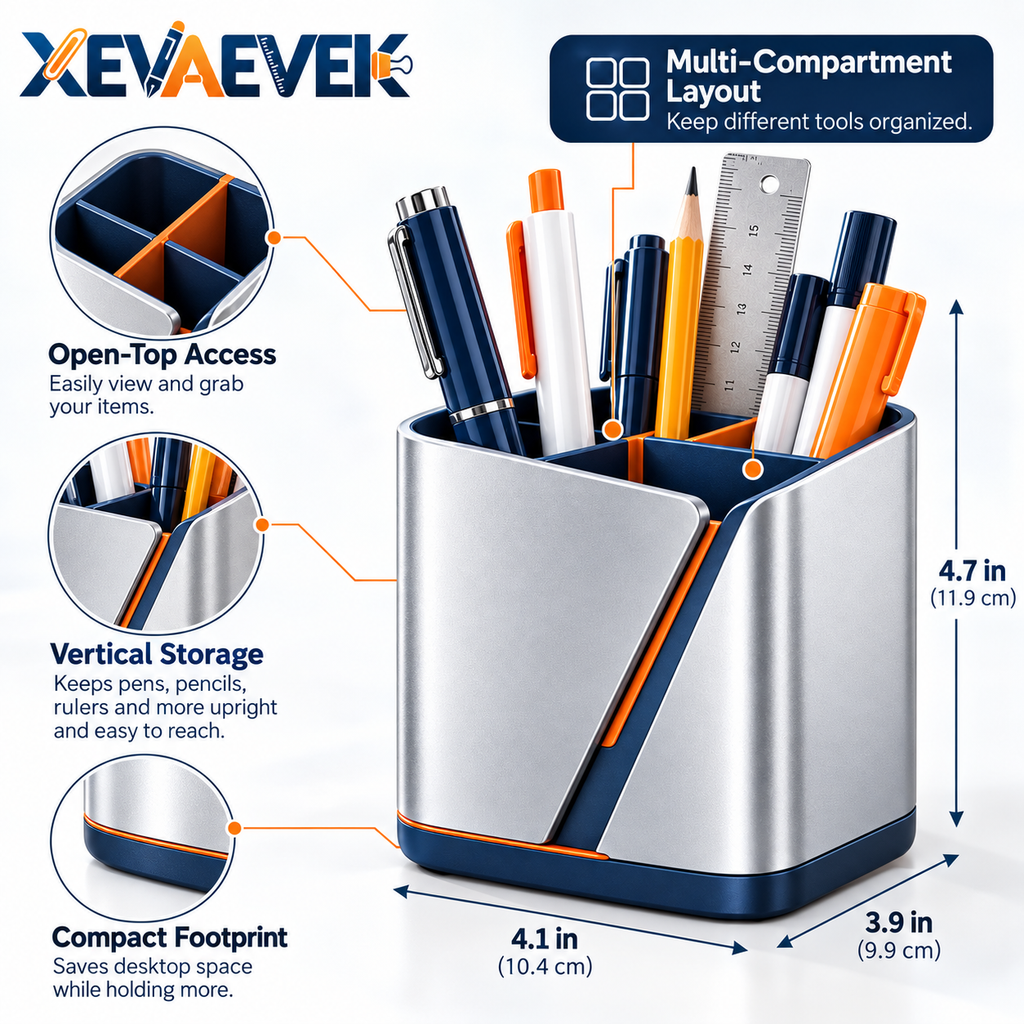 XEVAEVEK Multi-Compartment Pen Holder – Desktop Pencil Cup, Office Desk Organizer, Marker & Pen Storage Caddy for Pens, Pencils, Highlighters and Rulers