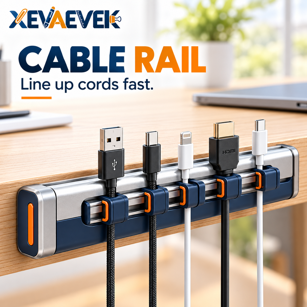 XEVAEVEK Cable Rail – Desk Cable Organizer, Adjustable Cord Holder & Charging Cable Management Rail for Office Desk, Home Office and Workstation