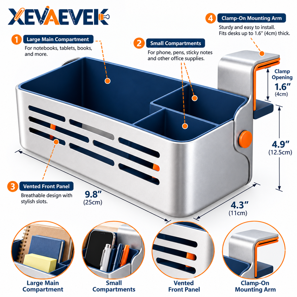 XEVAEVEK Desk Edge Basket – Clamp-On Hanging Desk Organizer, Side Storage Caddy for Notebooks, Sticky Notes, Phone, Pens & Office Supplies