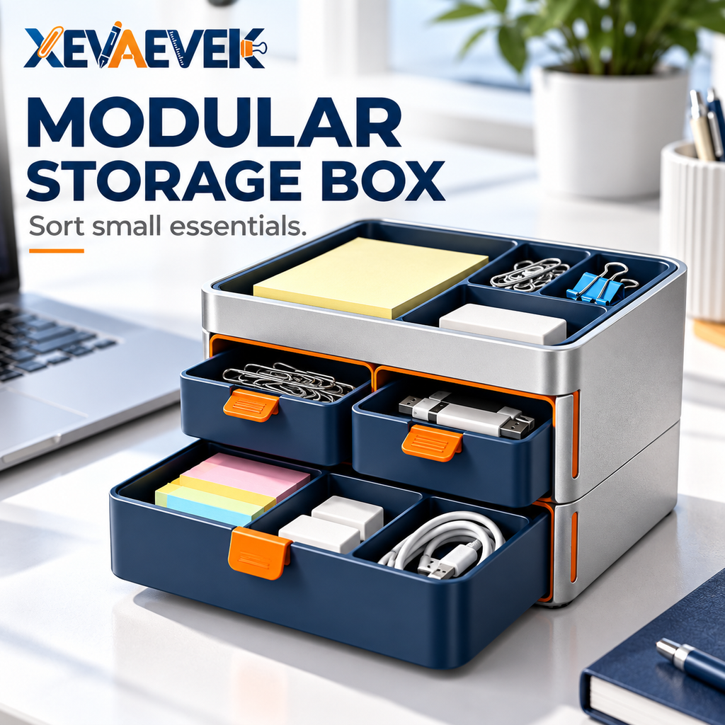 XEVAEVEK Modular Desktop Storage Box – Multi-Drawer Desk Organizer, Small Office Supply Storage with Compartments for Sticky Notes, Clips, USB Drives, Cables & Accessories