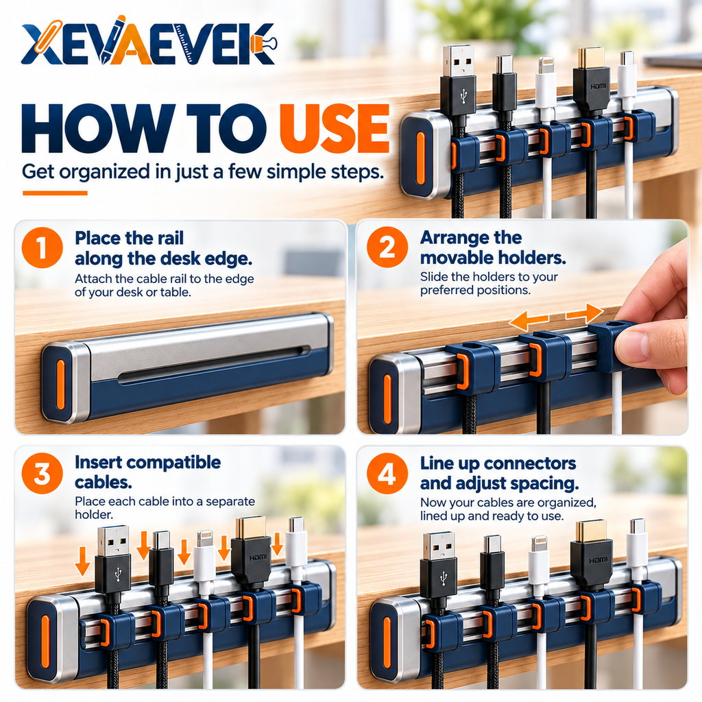XEVAEVEK Cable Rail – Desk Cable Organizer, Adjustable Cord Holder & Charging Cable Management Rail for Office Desk, Home Office and Workstation