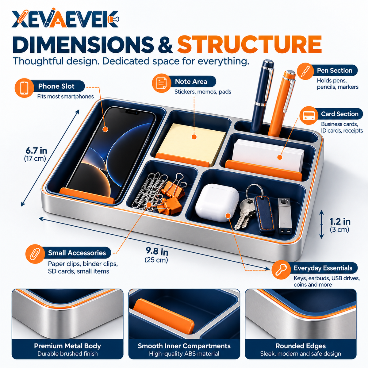 XEVAEVEK Sectioned Desk Tray – Multi-Compartment Desktop Organizer & Office Valet Tray for Phone, Sticky Notes, Business Cards, Pens, Paper Clips, Keys and Small Accessories
