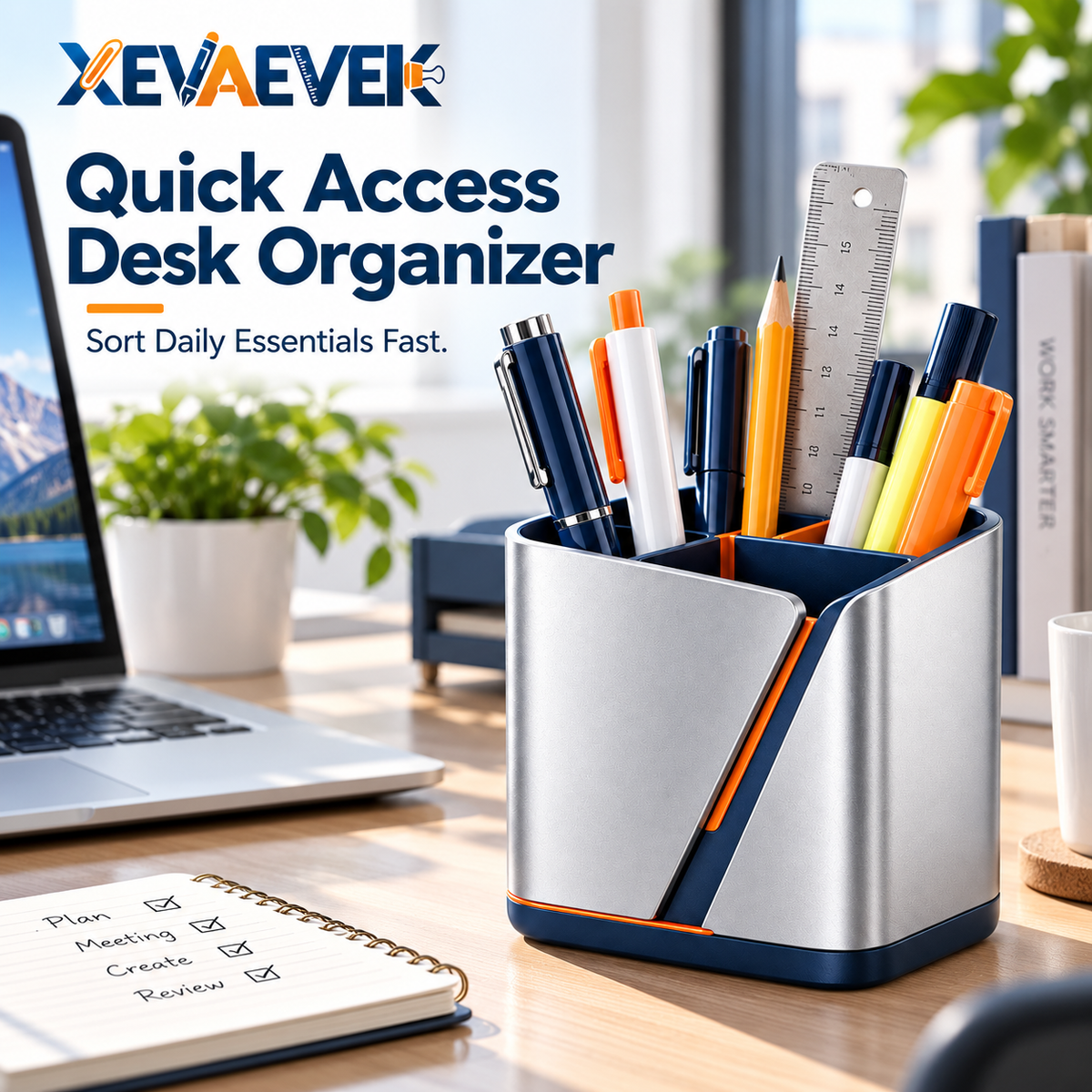 XEVAEVEK Multi-Compartment Pen Holder – Desktop Pencil Cup, Office Desk Organizer, Marker & Pen Storage Caddy for Pens, Pencils, Highlighters and Rulers