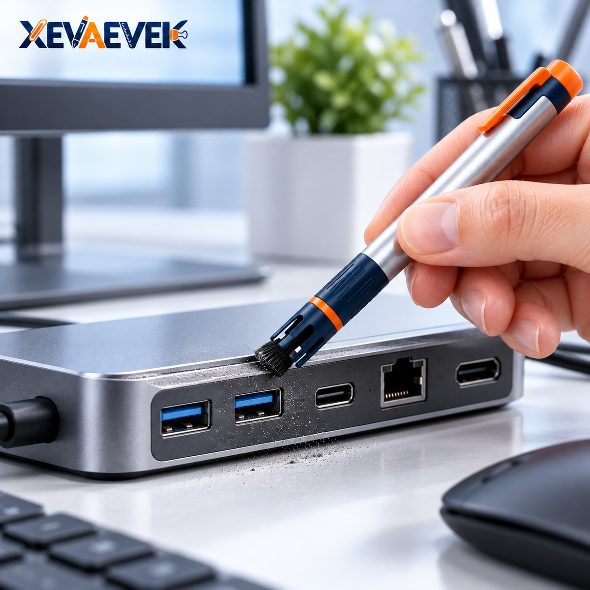 XEVAEVEK USB Port Surround Brush – Precision USB-C Port Exterior Cleaning Brush, Laptop Connector Edge Dust Brush & Electronics Detail Cleaner for Dock, Hub and Office Desk