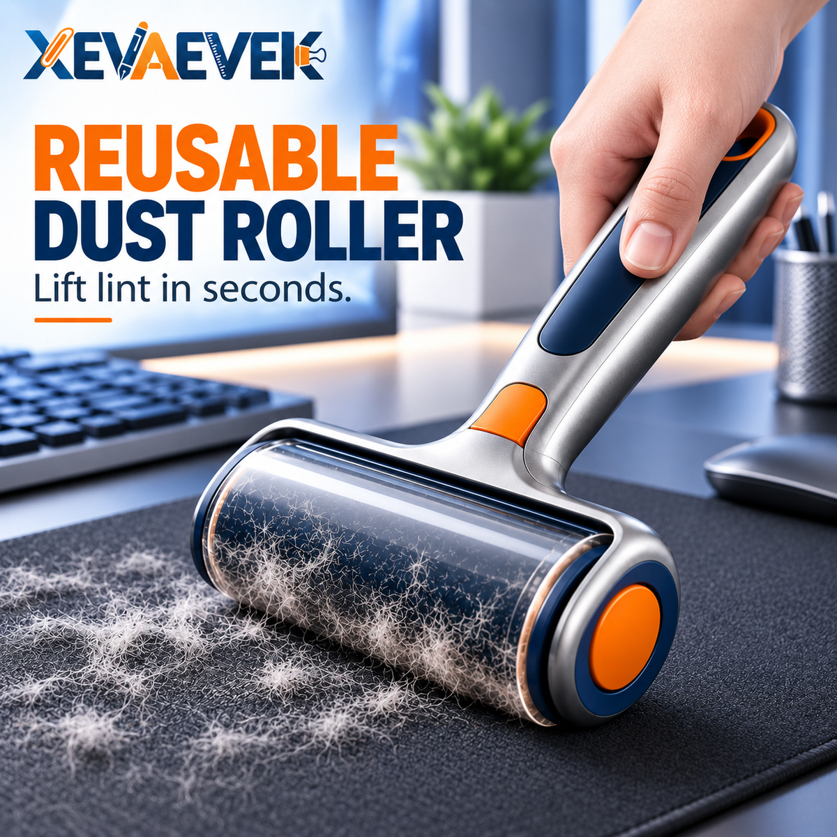 XEVAEVEK Reusable Dust Roller – Desktop Lint Roller, Manual Hair & Dust Remover for Desk Mat, Mouse Pad, Office Chair, Fabric Surfaces and Home Office Cleaning