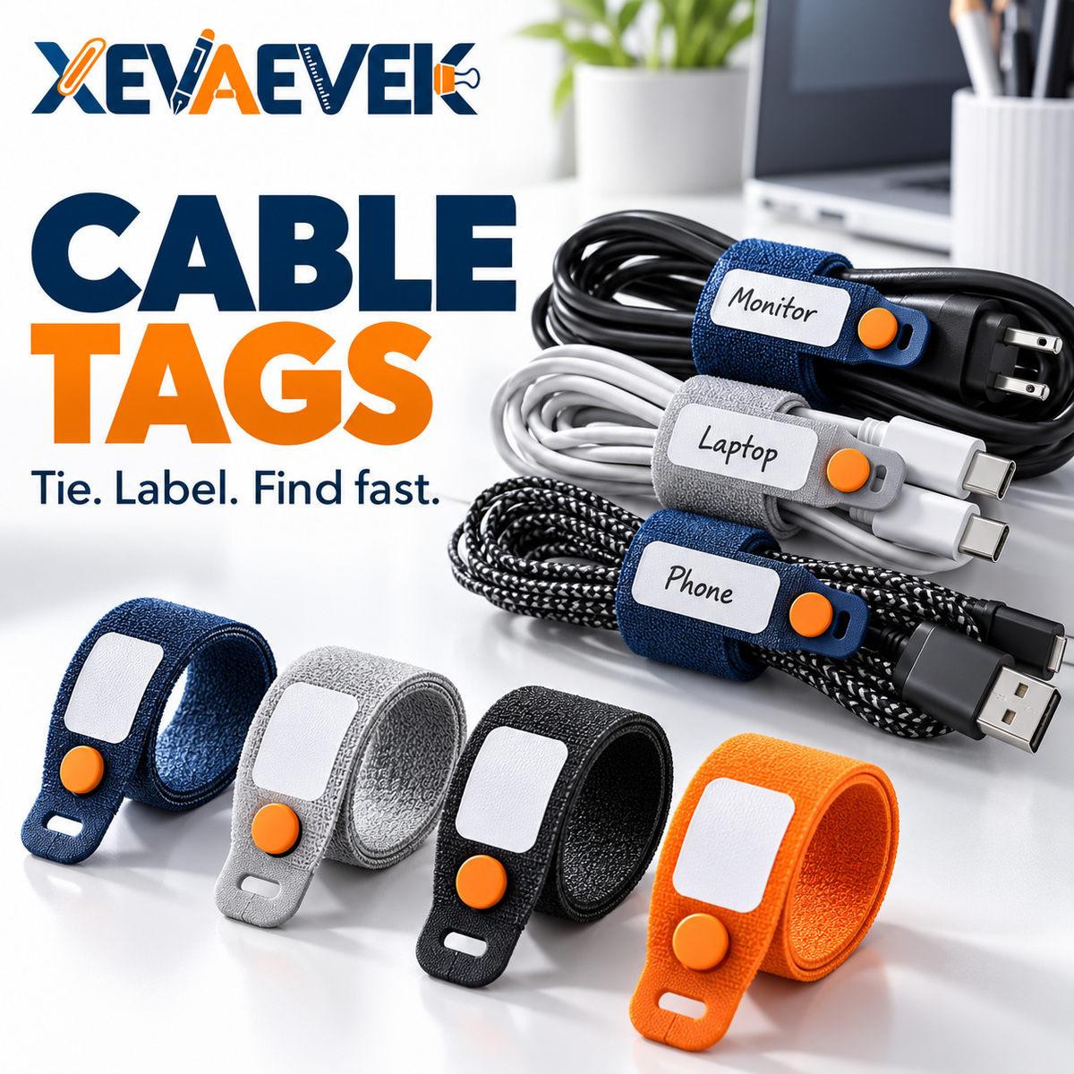XEVAEVEK Cable Tags – Reusable Write-On Cord Labels, Adjustable Cable Ties & Cable Identifier Straps for Chargers, Office Desk, Home Office and Travel