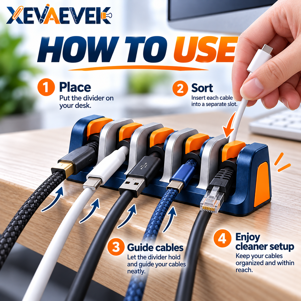XEVAEVEK Cable Divider – Multi-Slot Desk Cable Organizer, Cord Separator & Wire Management Holder for Office Desk, USB-C, Charging and Computer Cables