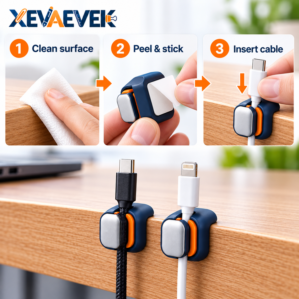 XEVAEVEK Adhesive Cable Clips – Self-Adhesive Cord Holders, Desk Cable Organizer & Wire Management Clips for USB-C, Charging Cables, Office Desk and Home Office