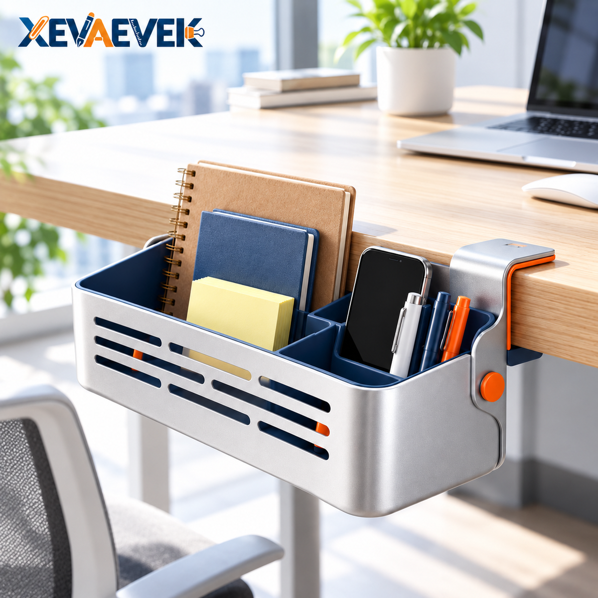 XEVAEVEK Desk Edge Basket – Clamp-On Hanging Desk Organizer, Side Storage Caddy for Notebooks, Sticky Notes, Phone, Pens & Office Supplies
