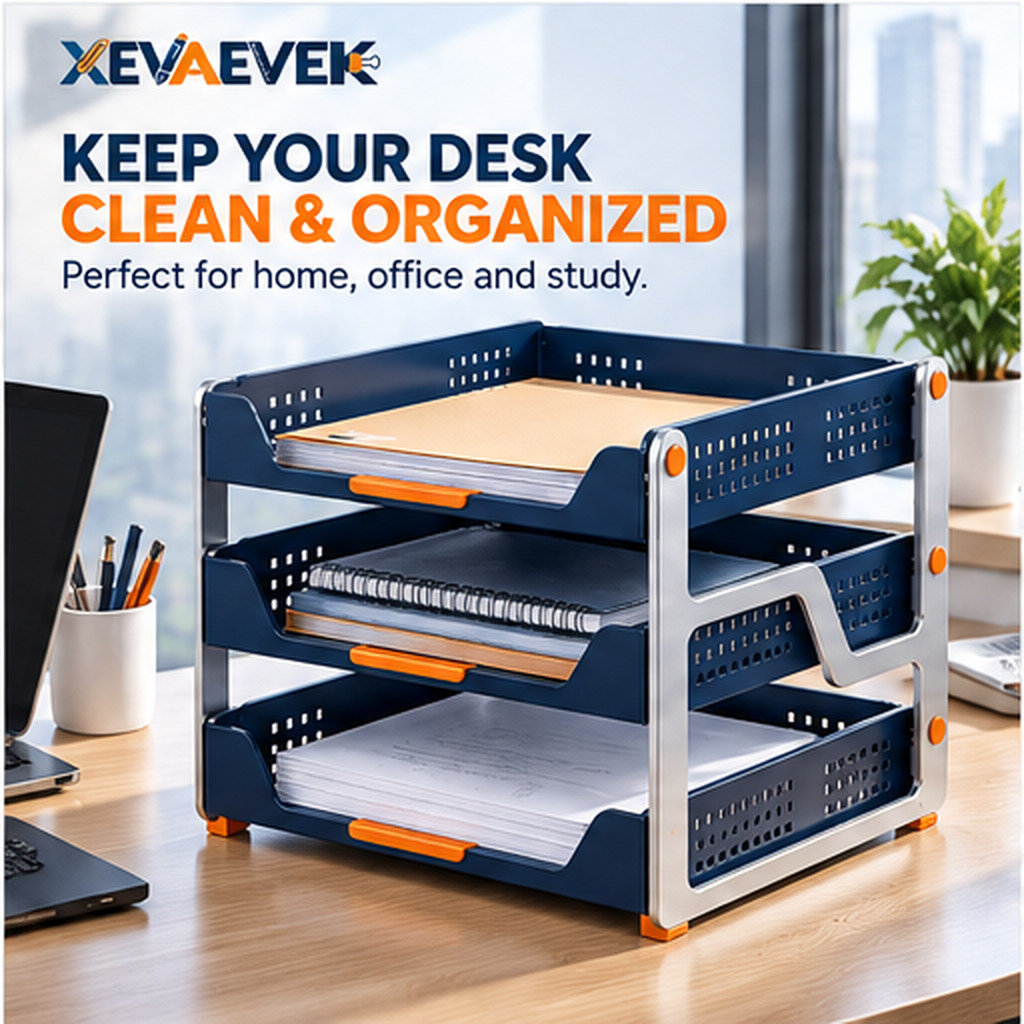 XEVAEVEK 3-Tier Desktop File Tray – Multi-Level Paper Organizer, Office Desk Document Holder & Letter Tray for Folders, Printouts, Notebooks, Mail and Home Office