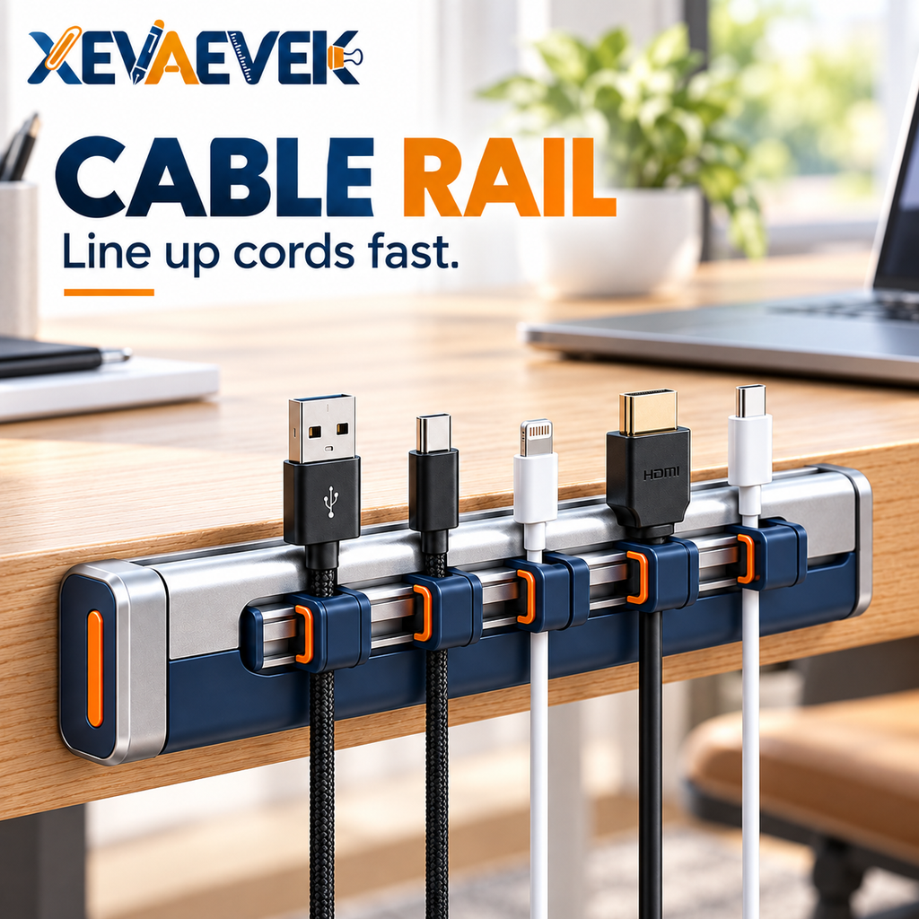 XEVAEVEK Cable Rail – Desk Cable Organizer, Adjustable Cord Holder & Charging Cable Management Rail for Office Desk, Home Office and Workstation