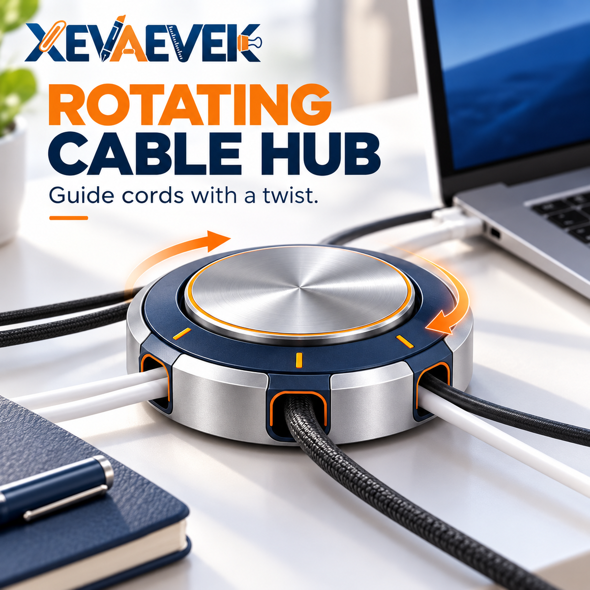XEVAEVEK Rotating Cable Hub – 360° Desktop Cable Organizer, Multi-Cord Management Holder for Charging Cables, USB-C, Office Desk & Home Workstation