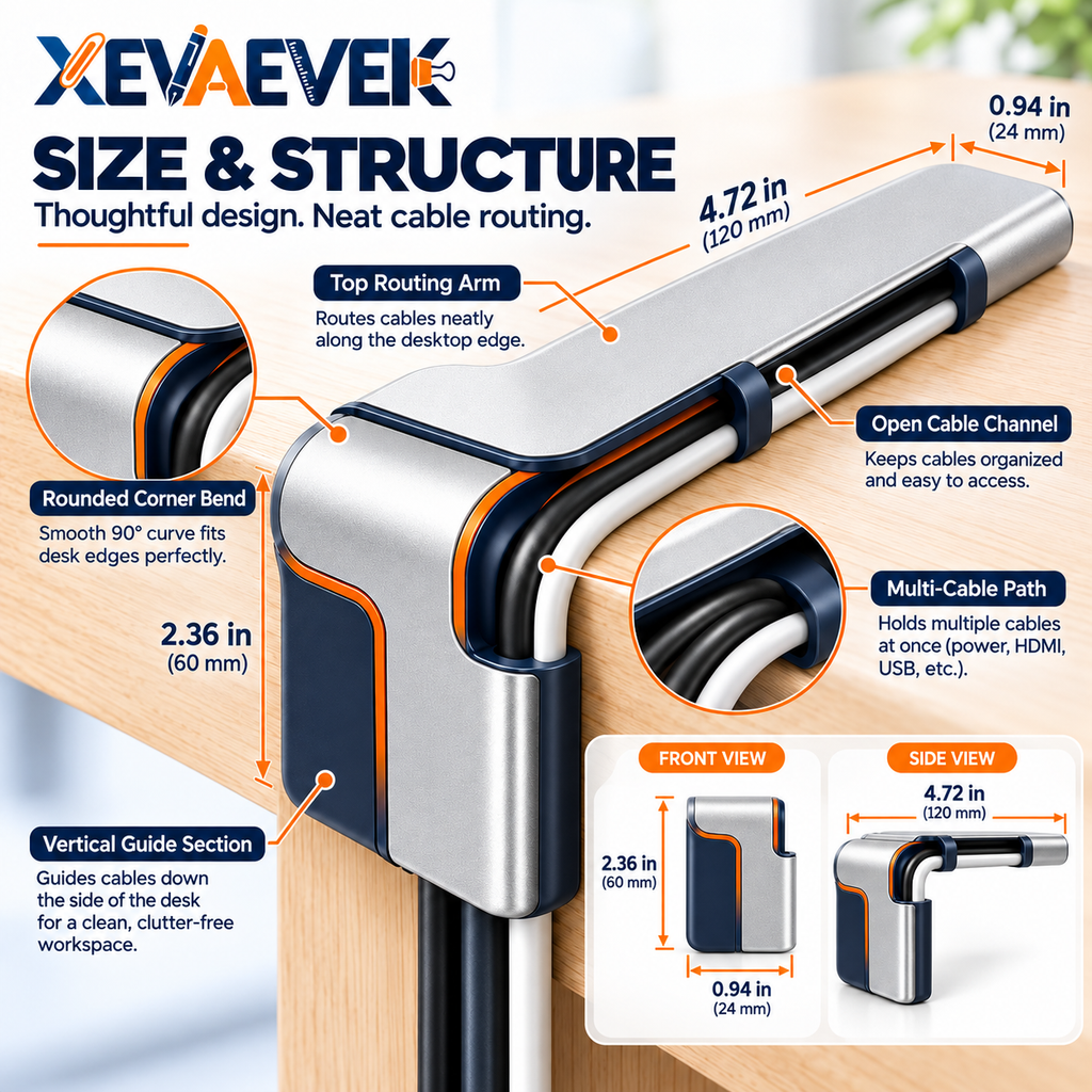 XEVAEVEK Corner Cable Guide – Desk Edge Cord Organizer, Cable Routing Guide, Wire Management Channel for Office Desk, Home Office & Workstation