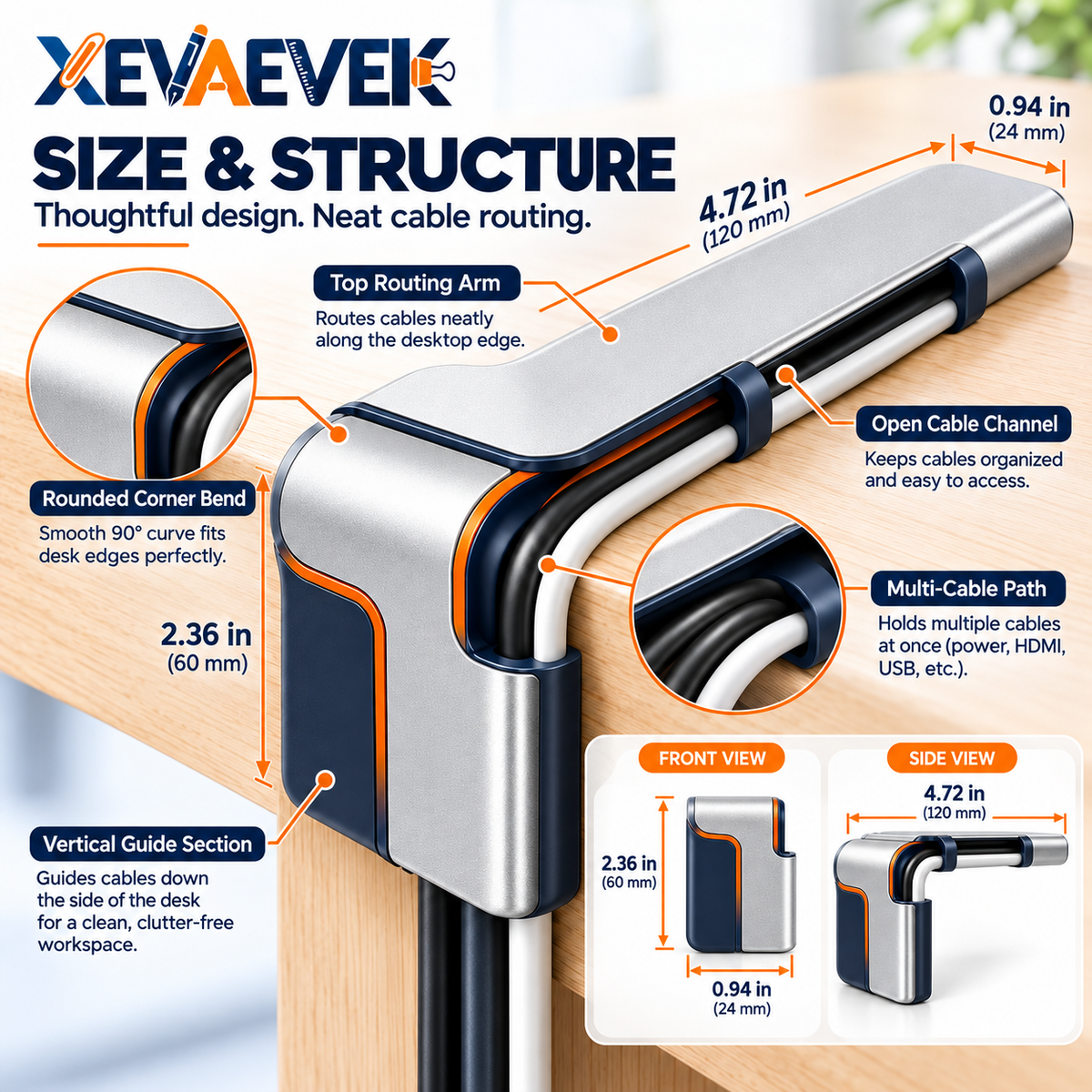XEVAEVEK Corner Cable Guide – Desk Edge Cord Organizer, Cable Routing Guide, Wire Management Channel for Office Desk, Home Office & Workstation