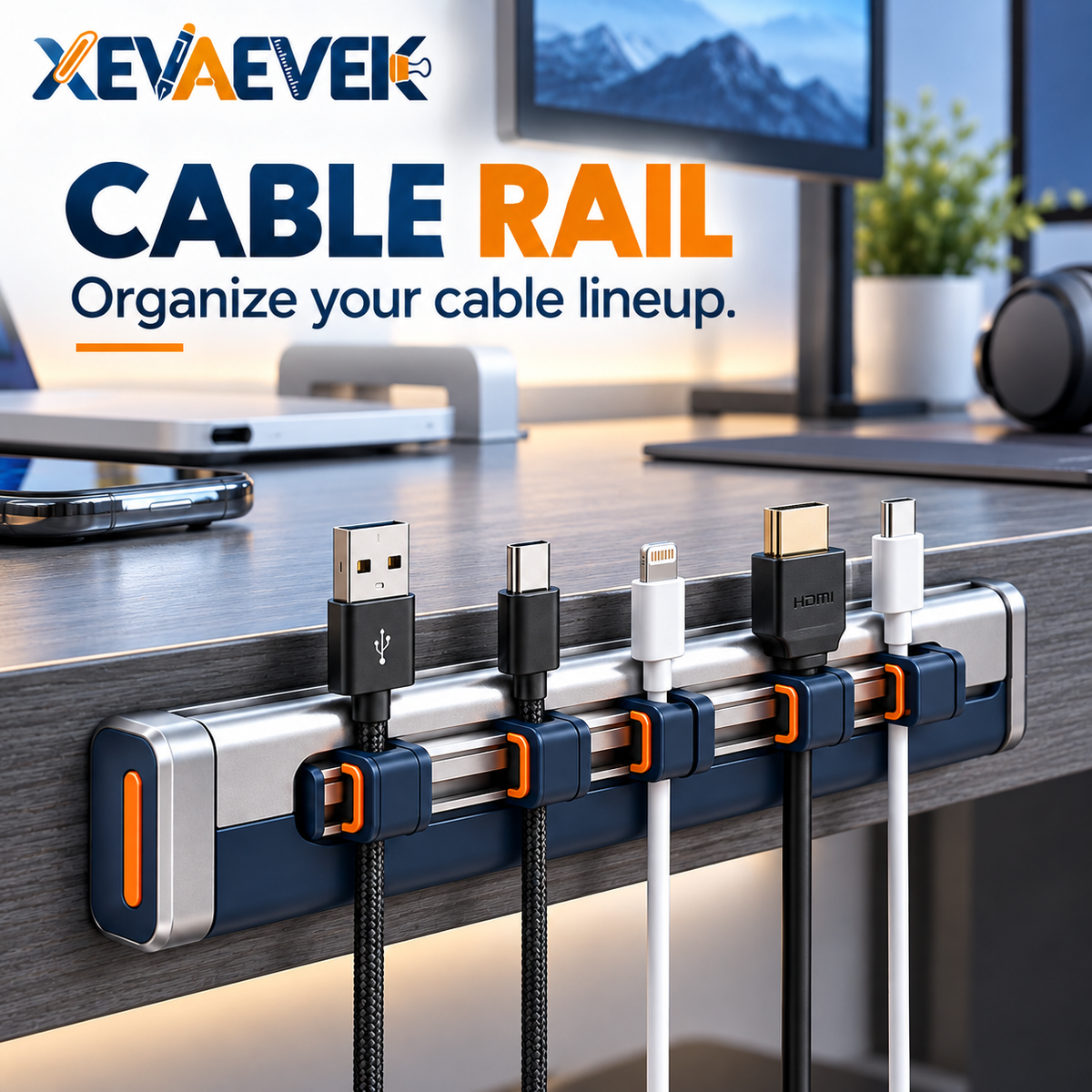 XEVAEVEK Cable Rail – Desk Cable Organizer, Adjustable Cord Holder & Charging Cable Management Rail for Office Desk, Home Office and Workstation