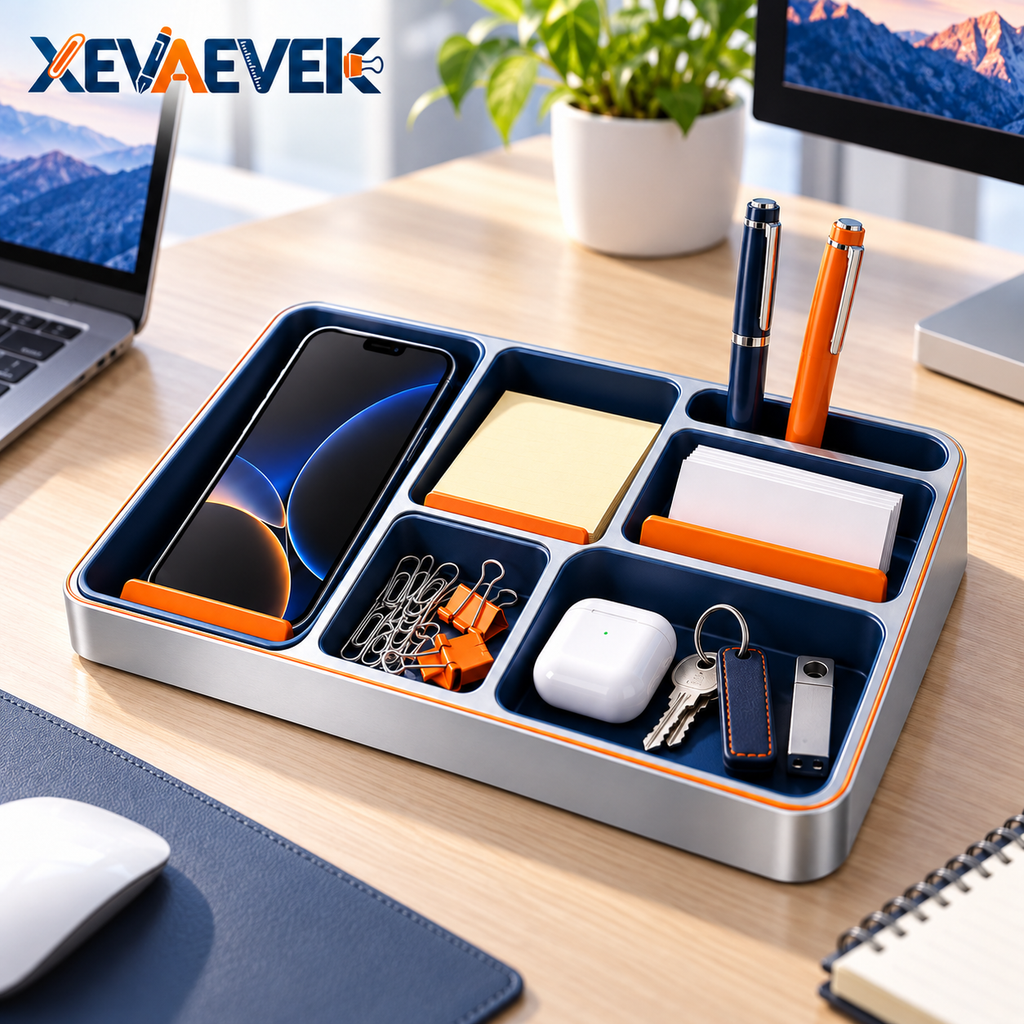 XEVAEVEK Sectioned Desk Tray – Multi-Compartment Desktop Organizer & Office Valet Tray for Phone, Sticky Notes, Business Cards, Pens, Paper Clips, Keys and Small Accessories
