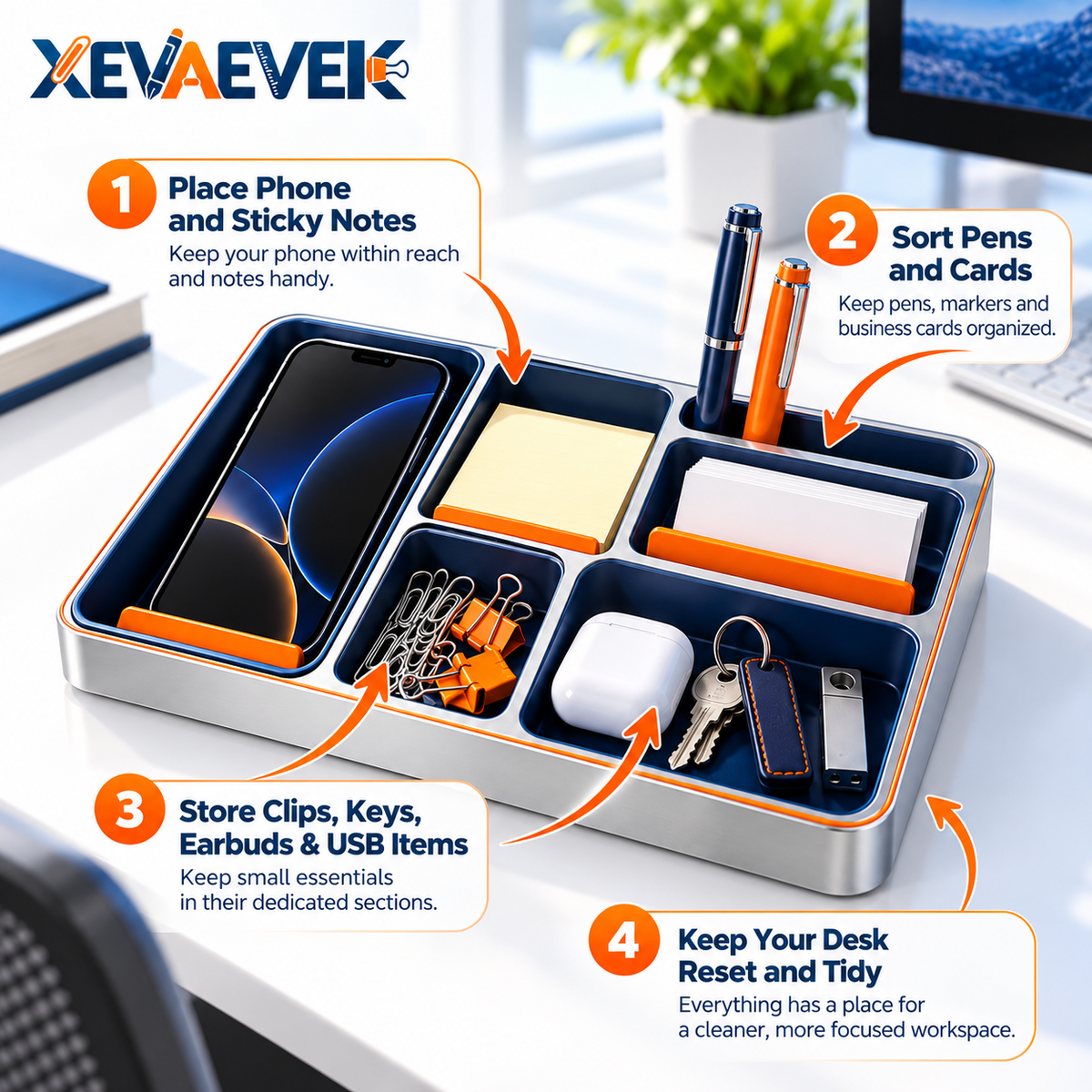XEVAEVEK Sectioned Desk Tray – Multi-Compartment Desktop Organizer & Office Valet Tray for Phone, Sticky Notes, Business Cards, Pens, Paper Clips, Keys and Small Accessories