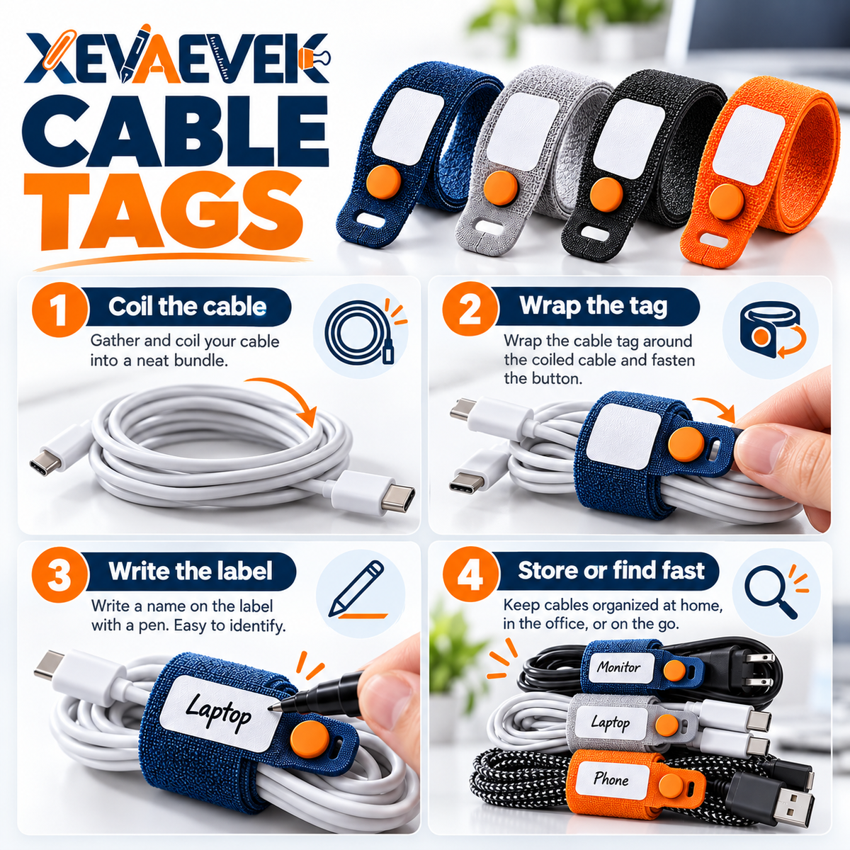 XEVAEVEK Cable Tags – Reusable Write-On Cord Labels, Adjustable Cable Ties & Cable Identifier Straps for Chargers, Office Desk, Home Office and Travel