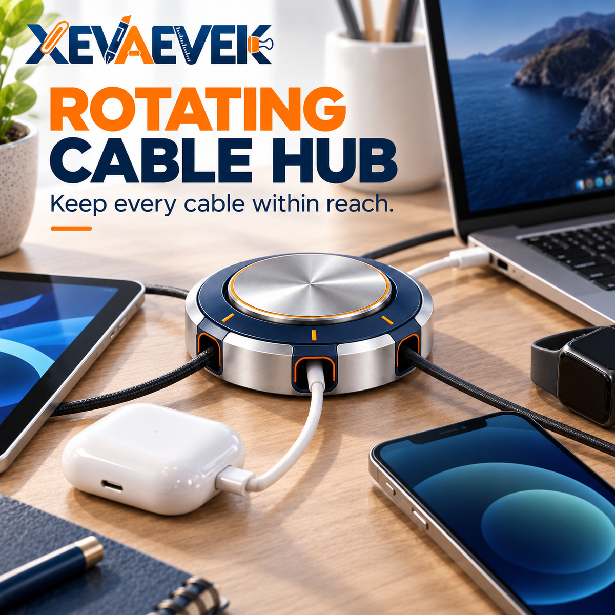 XEVAEVEK Rotating Cable Hub – 360° Desktop Cable Organizer, Multi-Cord Management Holder for Charging Cables, USB-C, Office Desk & Home Workstation