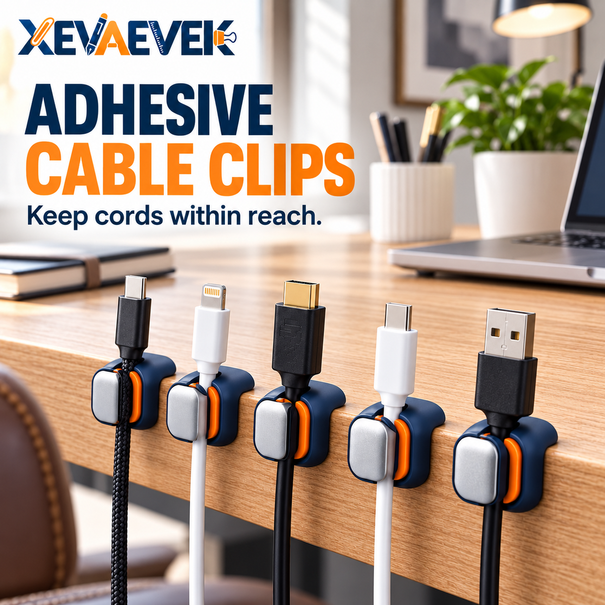 XEVAEVEK Adhesive Cable Clips – Self-Adhesive Cord Holders, Desk Cable Organizer & Wire Management Clips for USB-C, Charging Cables, Office Desk and Home Office