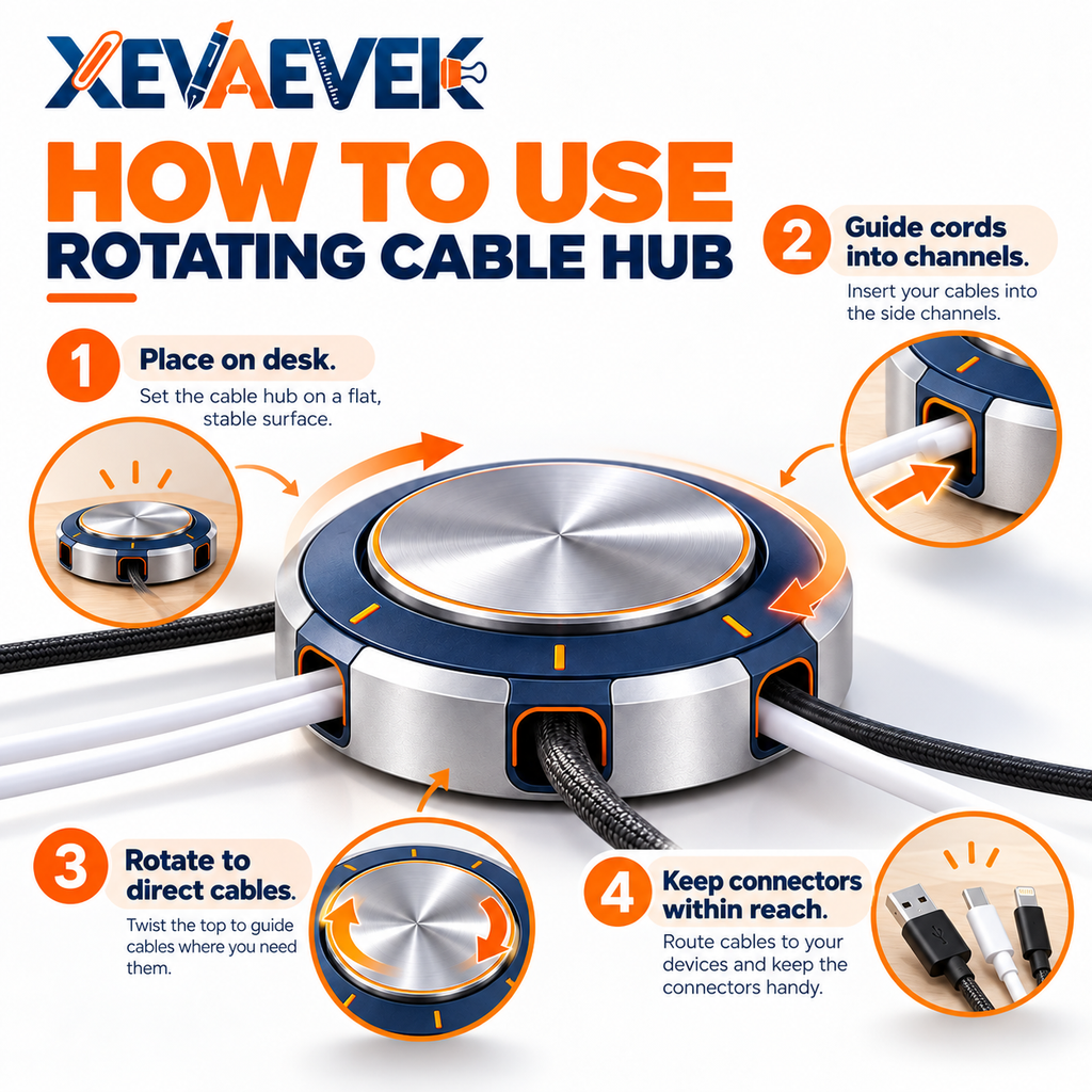 XEVAEVEK Rotating Cable Hub – 360° Desktop Cable Organizer, Multi-Cord Management Holder for Charging Cables, USB-C, Office Desk & Home Workstation