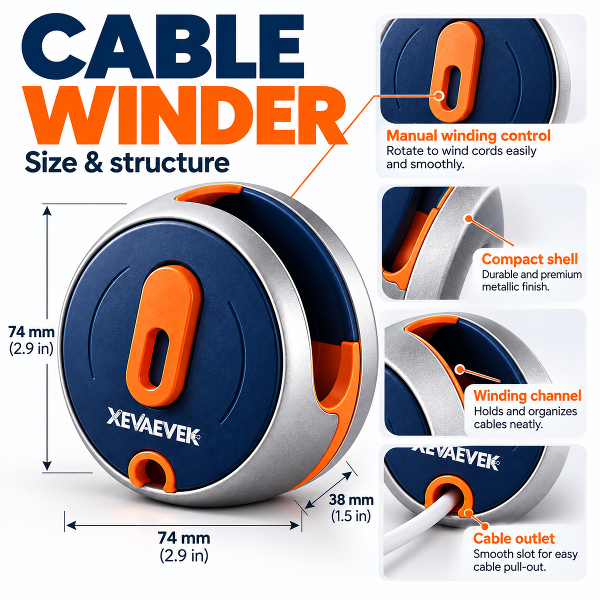 XEVAEVEK Cable Winder – Manual Cord Organizer Reel, Earbud Cable Storage & Charging Cable Organizer for Office Desk, Home Office, Travel and Tech Bags