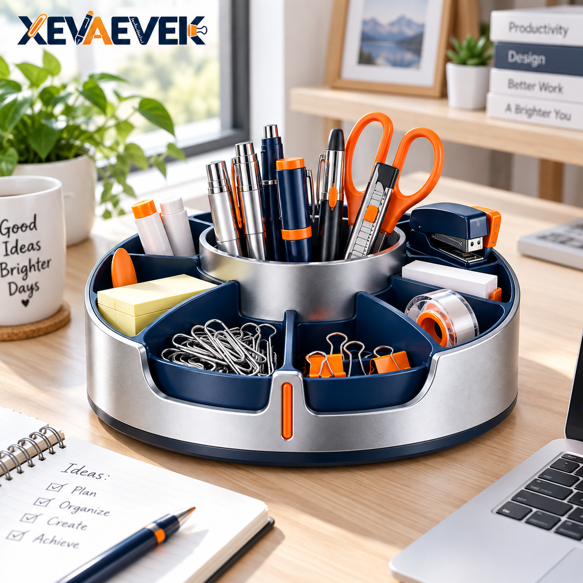 XEVAEVEK 360° Rotating Desk Organizer – Spinning Office Supply Caddy, Desktop Carousel Organizer & Pen Holder for Pens, Sticky Notes, Clips, Tape, Cards and Small Desk Accessories