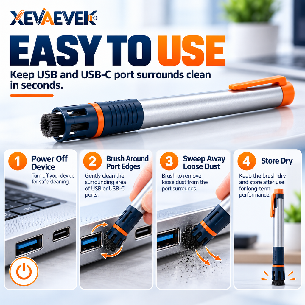 XEVAEVEK USB Port Surround Brush – Precision USB-C Port Exterior Cleaning Brush, Laptop Connector Edge Dust Brush & Electronics Detail Cleaner for Dock, Hub and Office Desk
