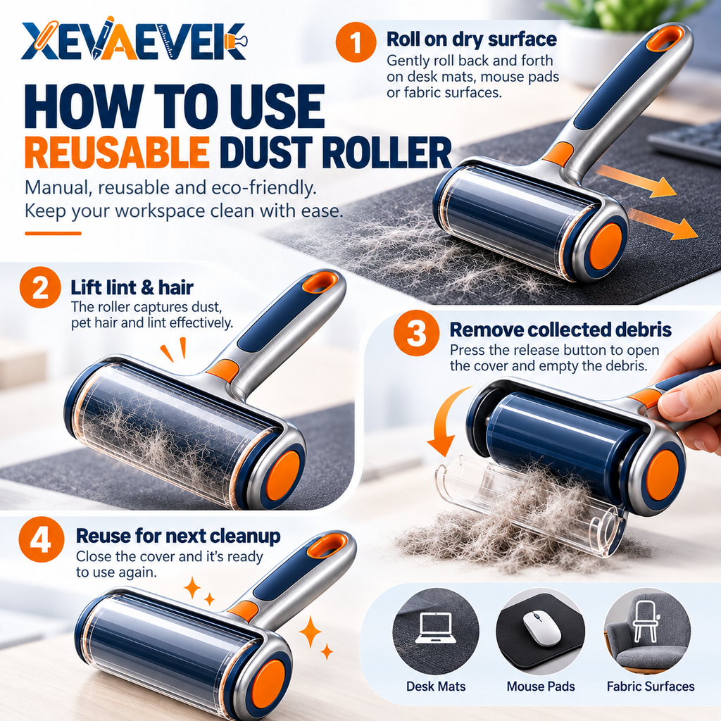 XEVAEVEK Reusable Dust Roller – Desktop Lint Roller, Manual Hair & Dust Remover for Desk Mat, Mouse Pad, Office Chair, Fabric Surfaces and Home Office Cleaning