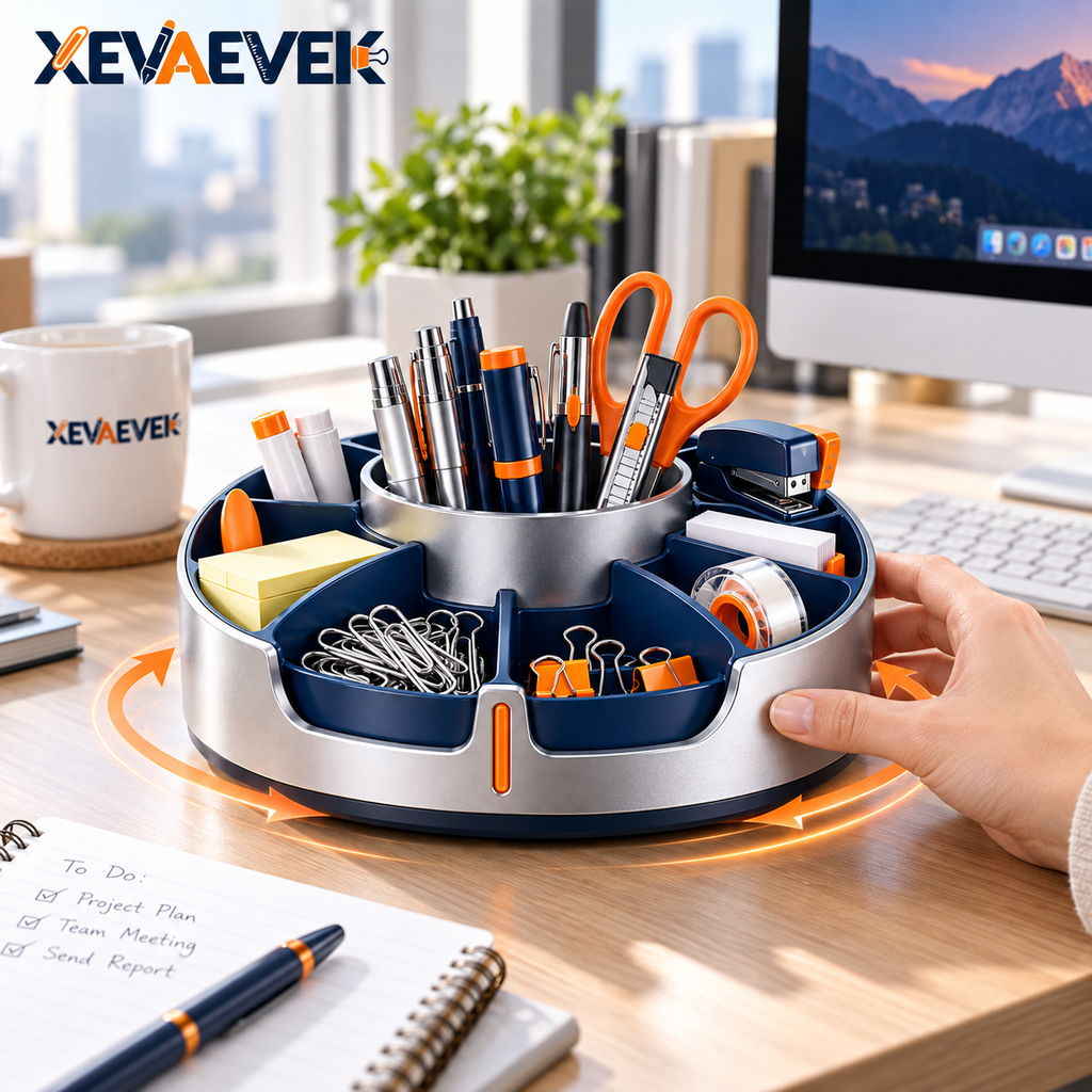 XEVAEVEK 360° Rotating Desk Organizer – Spinning Office Supply Caddy, Desktop Carousel Organizer & Pen Holder for Pens, Sticky Notes, Clips, Tape, Cards and Small Desk Accessories
