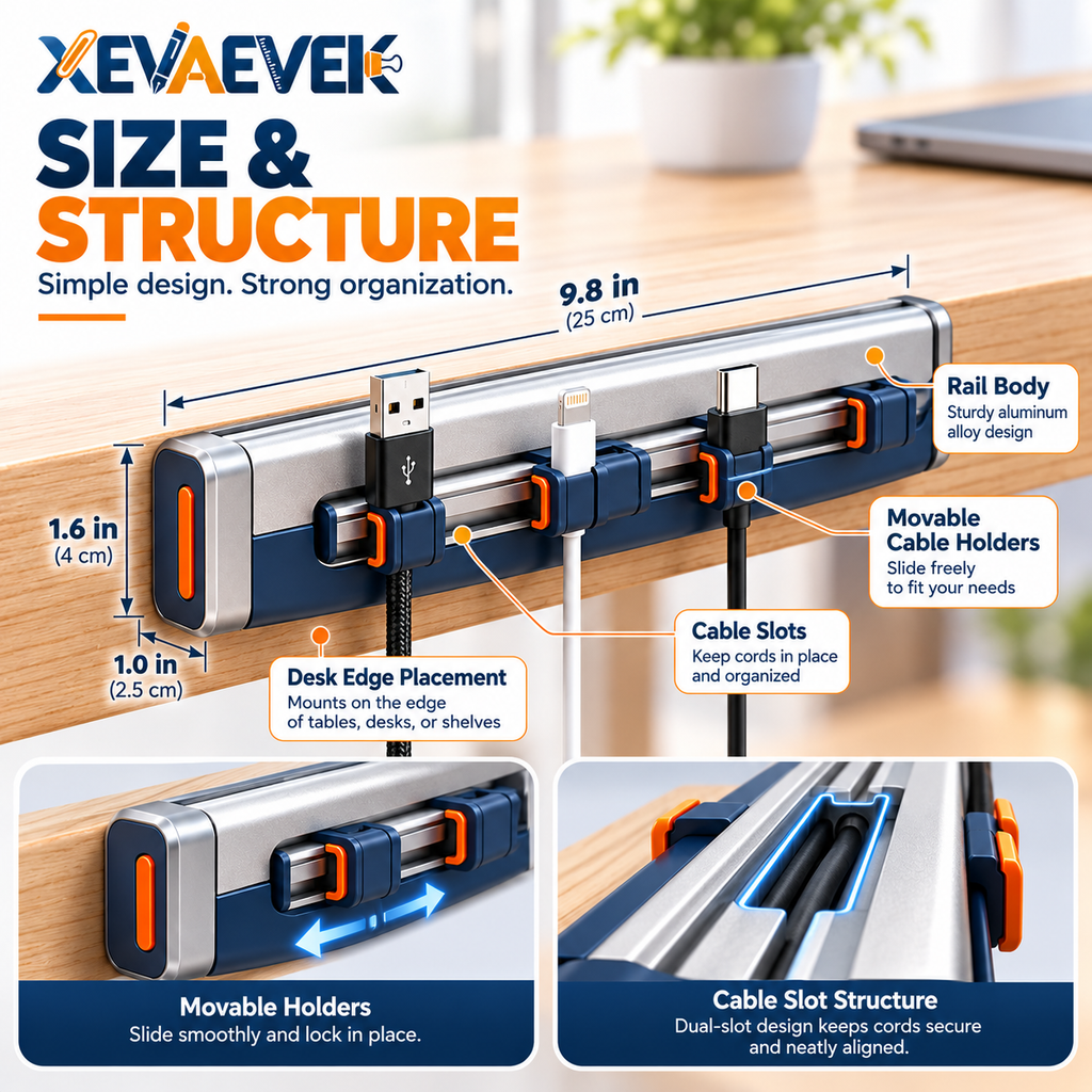 XEVAEVEK Cable Rail – Desk Cable Organizer, Adjustable Cord Holder & Charging Cable Management Rail for Office Desk, Home Office and Workstation