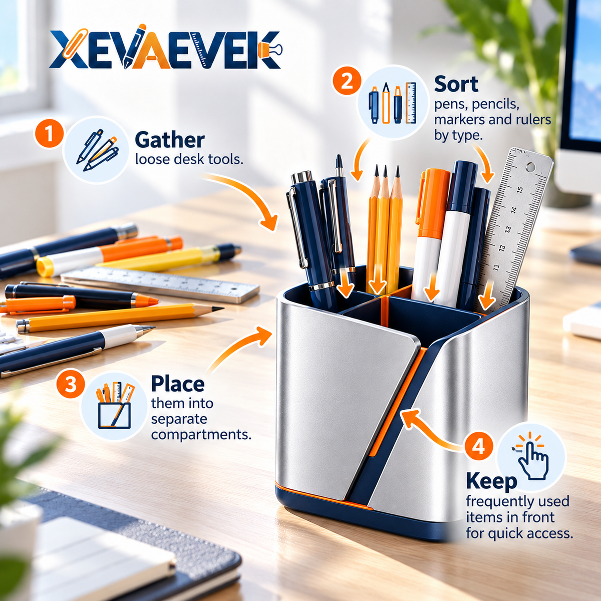 XEVAEVEK Multi-Compartment Pen Holder – Desktop Pencil Cup, Office Desk Organizer, Marker & Pen Storage Caddy for Pens, Pencils, Highlighters and Rulers