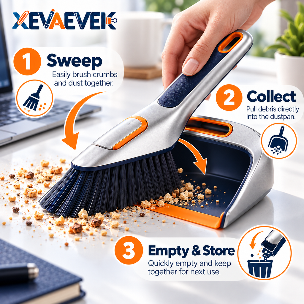 XEVAEVEK Desk Dustpan Set – Mini Desktop Brush and Dustpan, Small Crumb Sweeper Set for Office Desk, Keyboard Area, Study Table, Craft Surface and Home Office