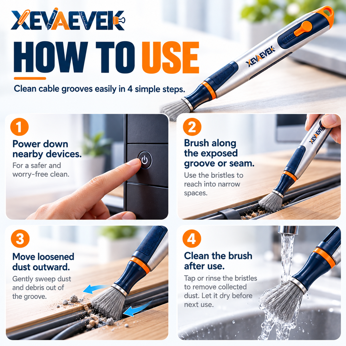 XEVAEVEK Cable Groove Cleaner – Precision Desk Crevice Cleaning Brush, Keyboard Gap Cleaner & Cable Channel Dust Brush for Office Desk, Monitor Stand and Workstation