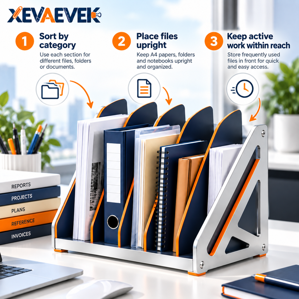 XEVAEVEK A4 File Divider – Vertical Desktop File Organizer, Multi-Slot Document Sorter & Folder Holder for Papers, Notebooks, Planners, Reports and Office Files