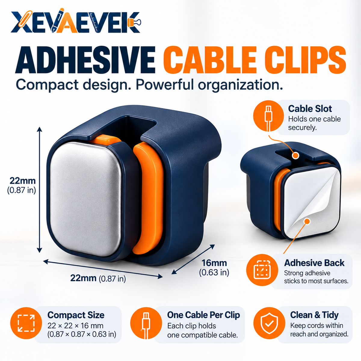 XEVAEVEK Adhesive Cable Clips – Self-Adhesive Cord Holders, Desk Cable Organizer & Wire Management Clips for USB-C, Charging Cables, Office Desk and Home Office