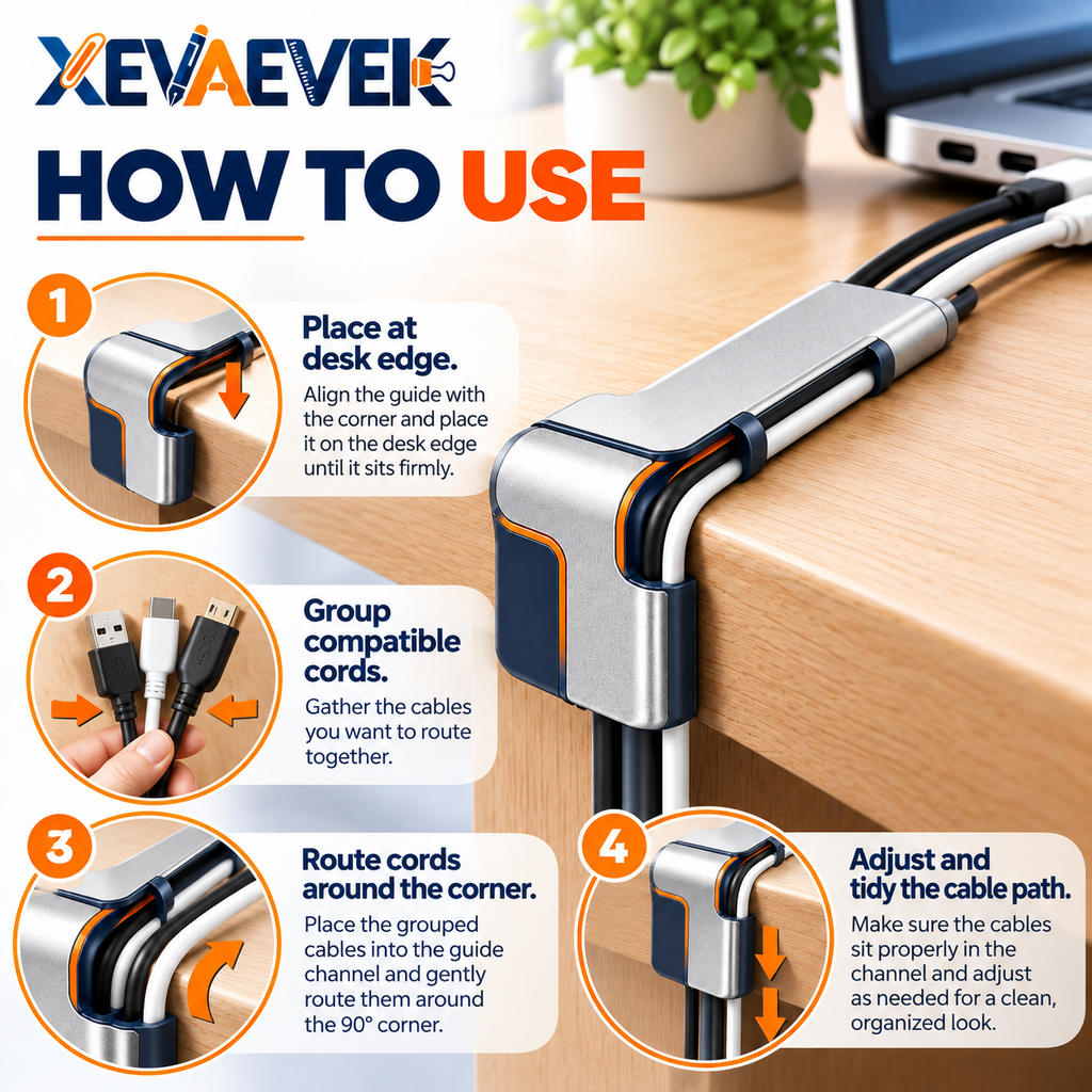 XEVAEVEK Corner Cable Guide – Desk Edge Cord Organizer, Cable Routing Guide, Wire Management Channel for Office Desk, Home Office & Workstation