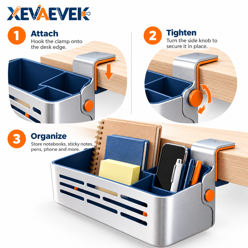 XEVAEVEK Desk Edge Basket – Clamp-On Hanging Desk Organizer, Side Storage Caddy for Notebooks, Sticky Notes, Phone, Pens & Office Supplies