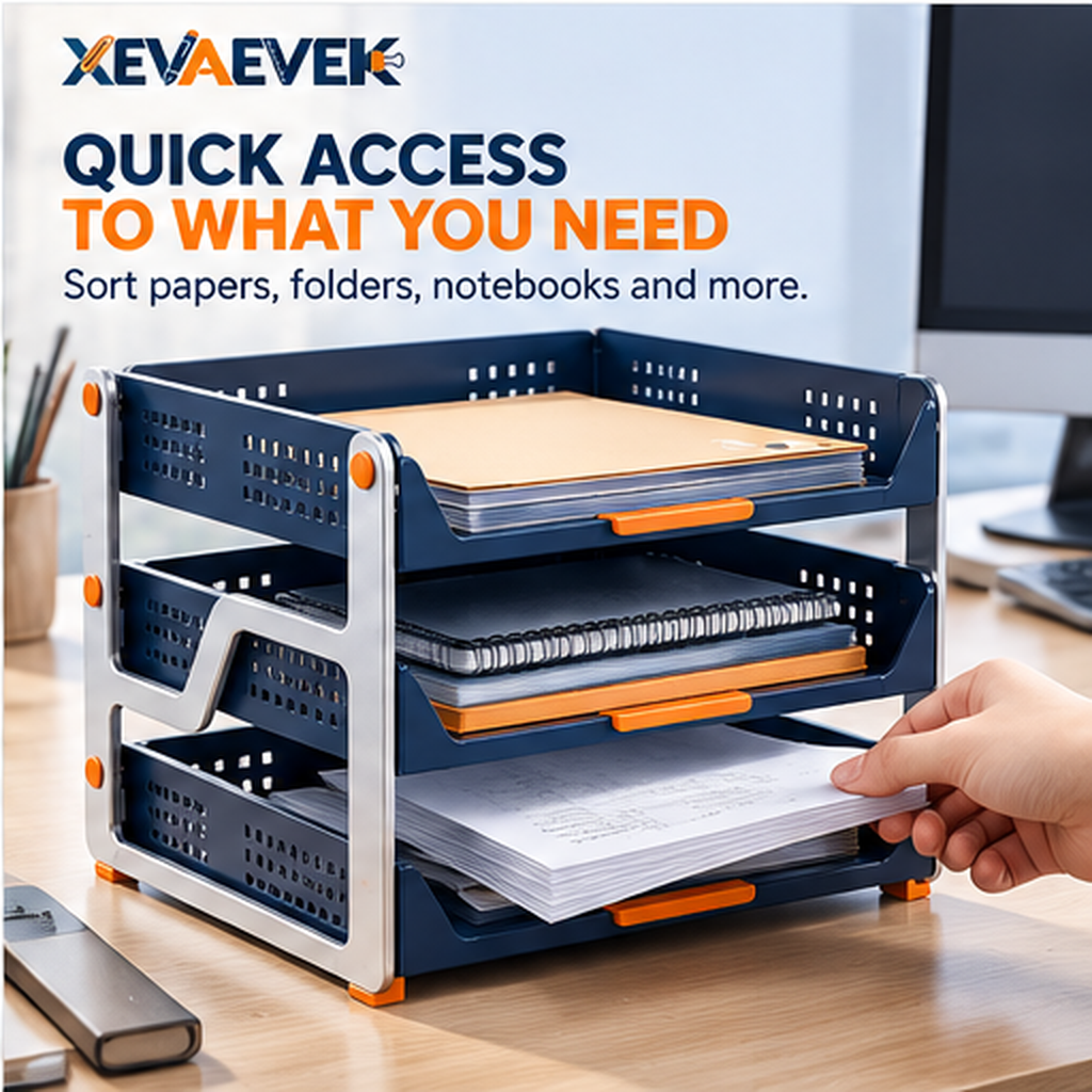 XEVAEVEK 3-Tier Desktop File Tray – Multi-Level Paper Organizer, Office Desk Document Holder & Letter Tray for Folders, Printouts, Notebooks, Mail and Home Office