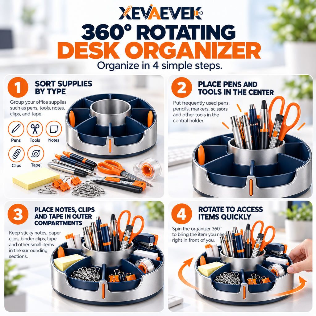 XEVAEVEK 360° Rotating Desk Organizer – Spinning Office Supply Caddy, Desktop Carousel Organizer & Pen Holder for Pens, Sticky Notes, Clips, Tape, Cards and Small Desk Accessories
