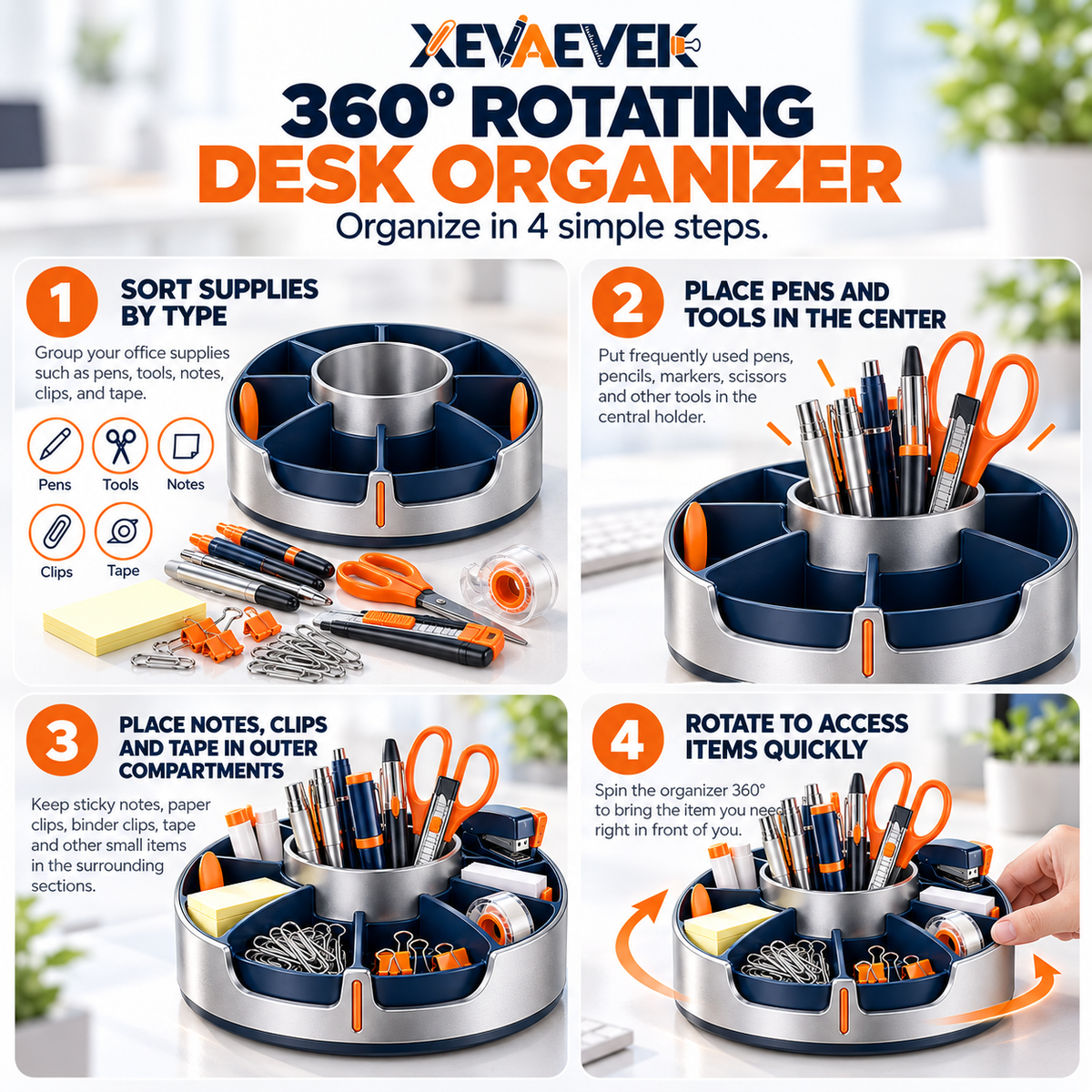 XEVAEVEK 360° Rotating Desk Organizer – Spinning Office Supply Caddy, Desktop Carousel Organizer & Pen Holder for Pens, Sticky Notes, Clips, Tape, Cards and Small Desk Accessories